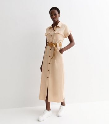 Tall Stone Belted Utility Midi Shirt Dress New Look