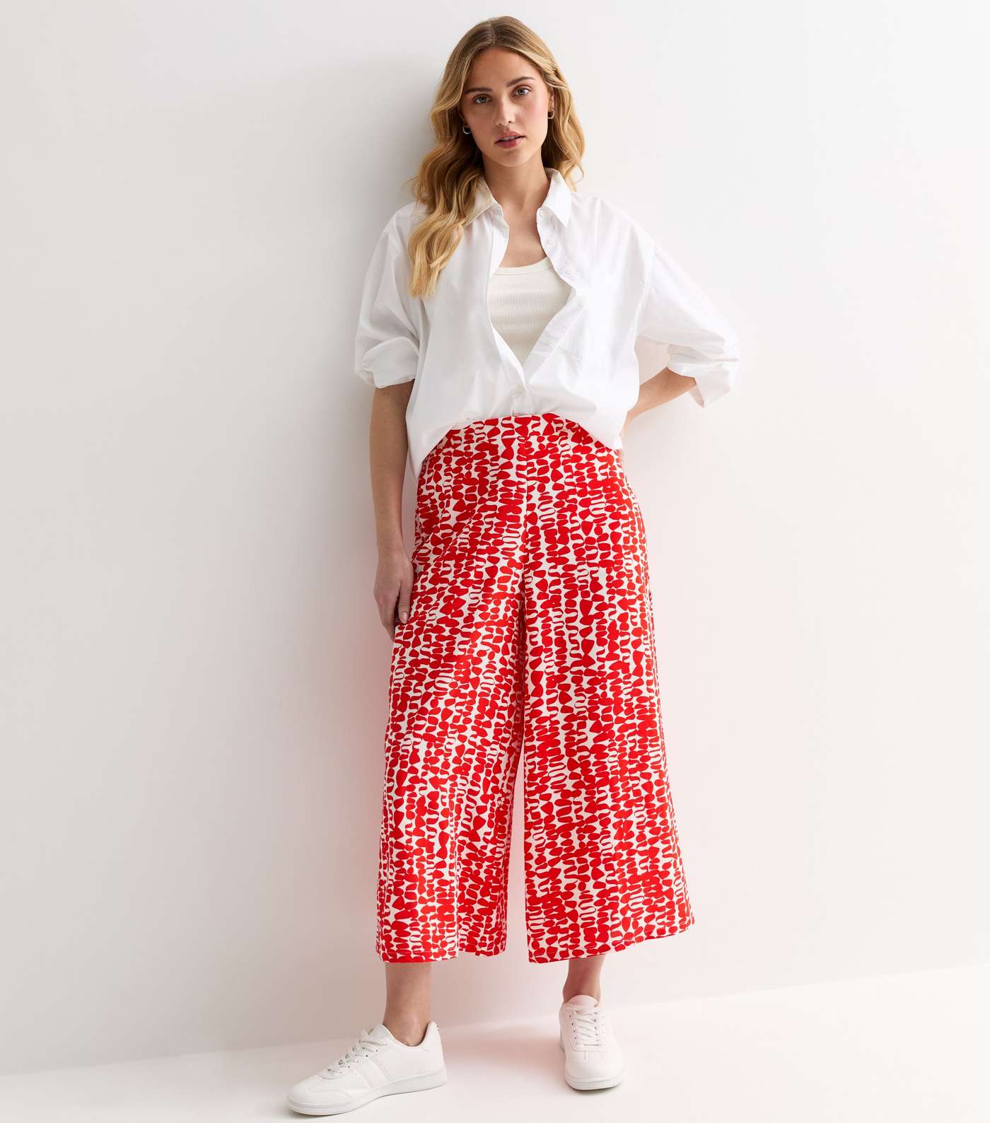 Red Abstract Print Wide Leg Crop Trousers | New Look