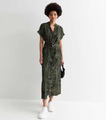 Tall Green Abstract Print Short Sleeve Belted Midi Dress