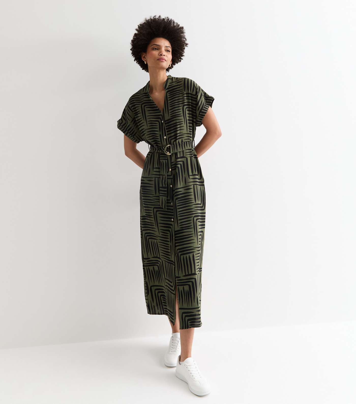 Tall Green Abstract Print Short Sleeve Belted Midi Dress Image 3
