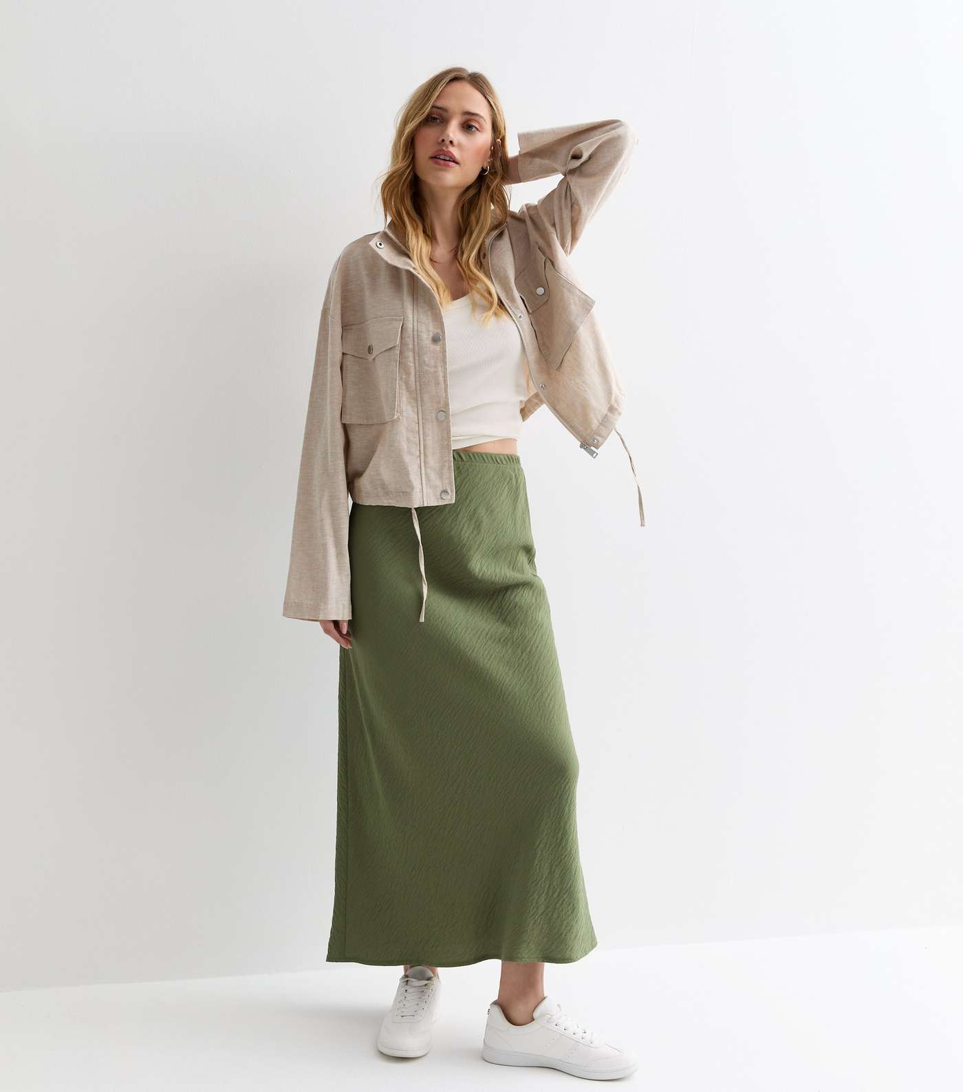 Khaki Textured Midi Skirt Image 3