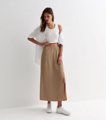 Light Brown Textured Split Hem Midi Skirt New Look