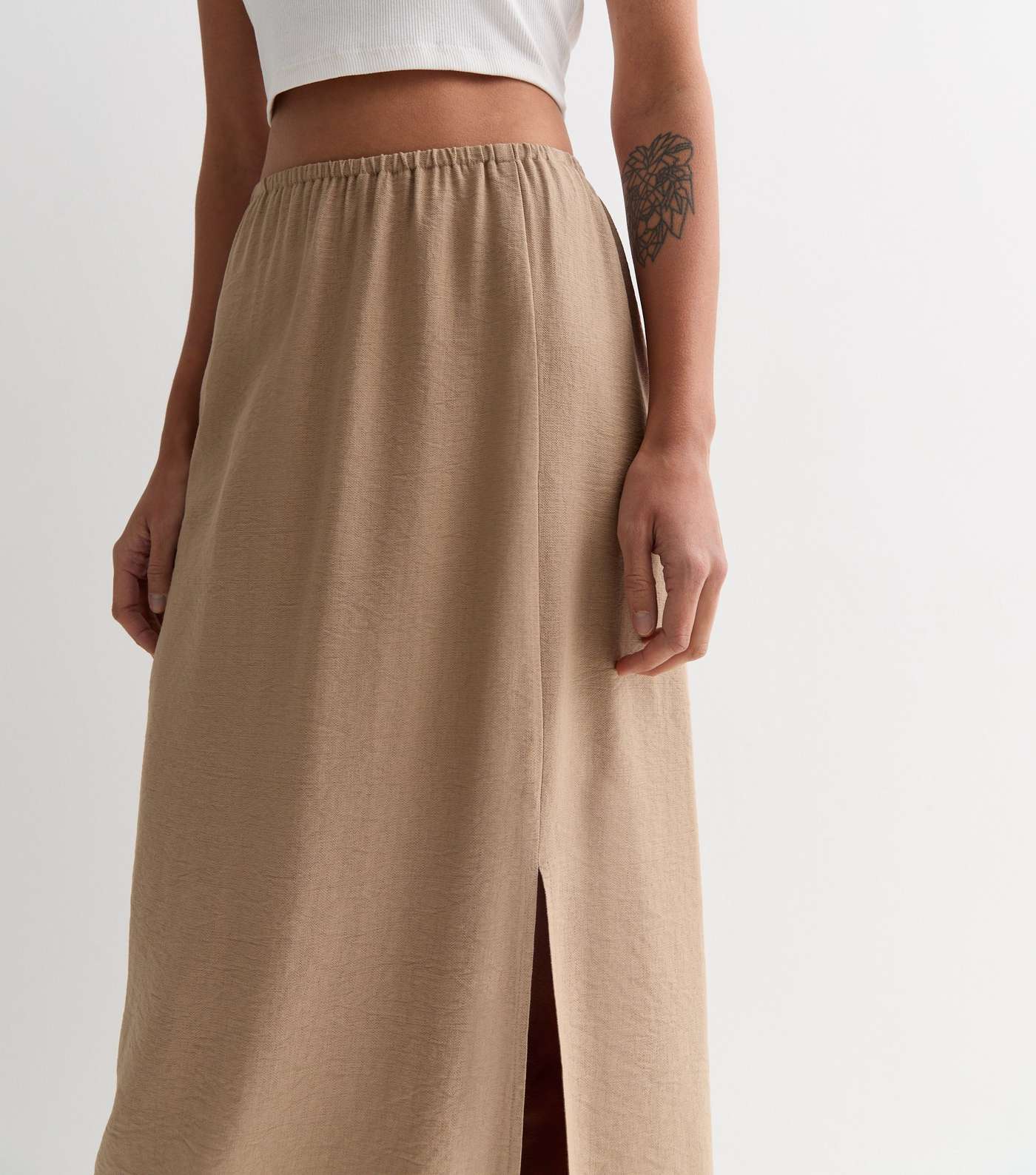 Light Brown Textured Split Hem Midi Skirt Image 2