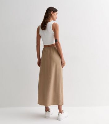 Light Brown Textured Split Hem Midi Skirt New Look
