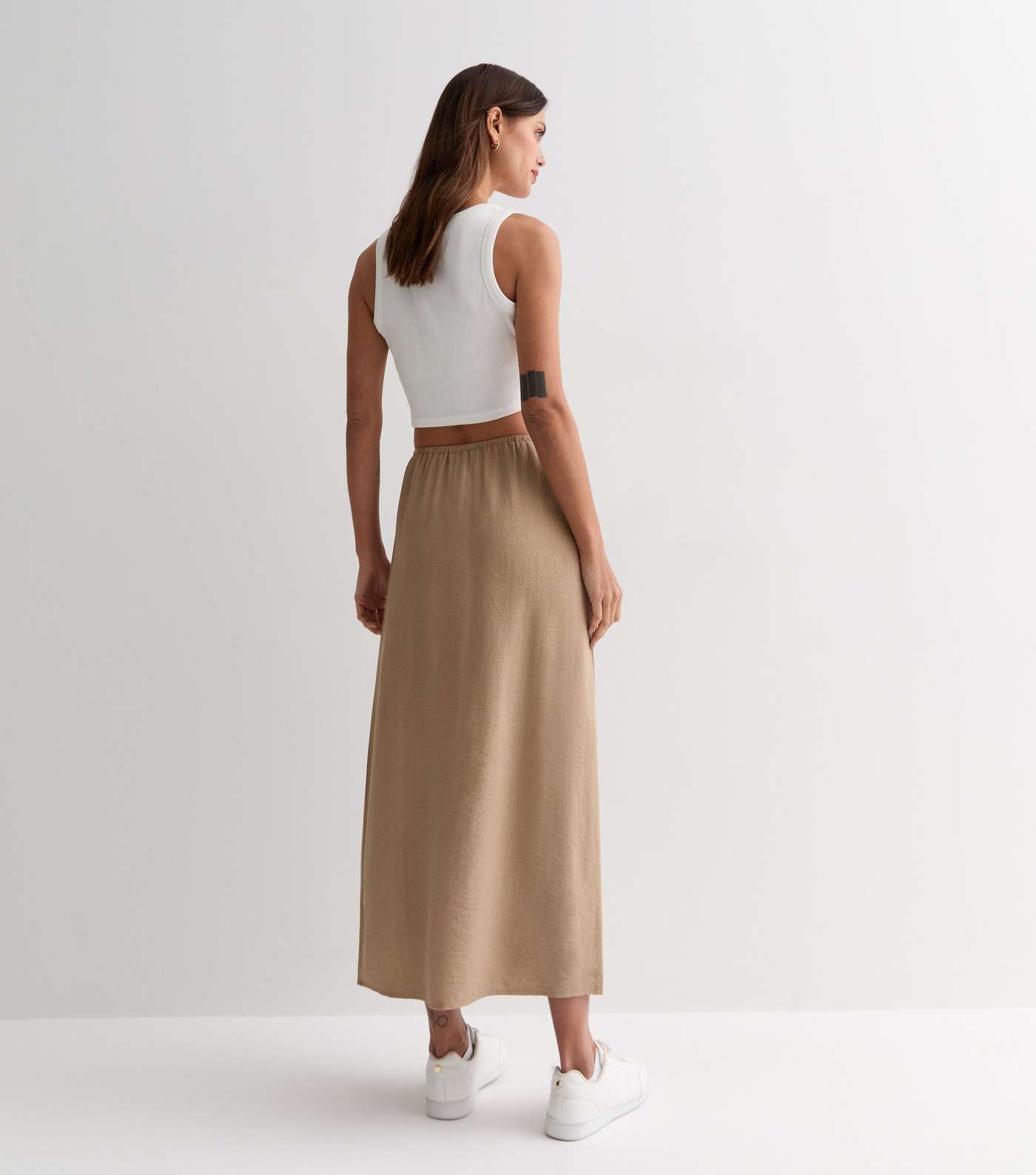Light Brown Textured Split Hem Midi Skirt Image 4