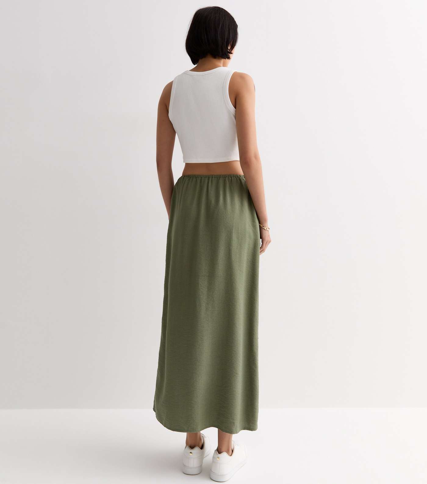 Khaki Textured Split Hem Midi Skirt Image 4