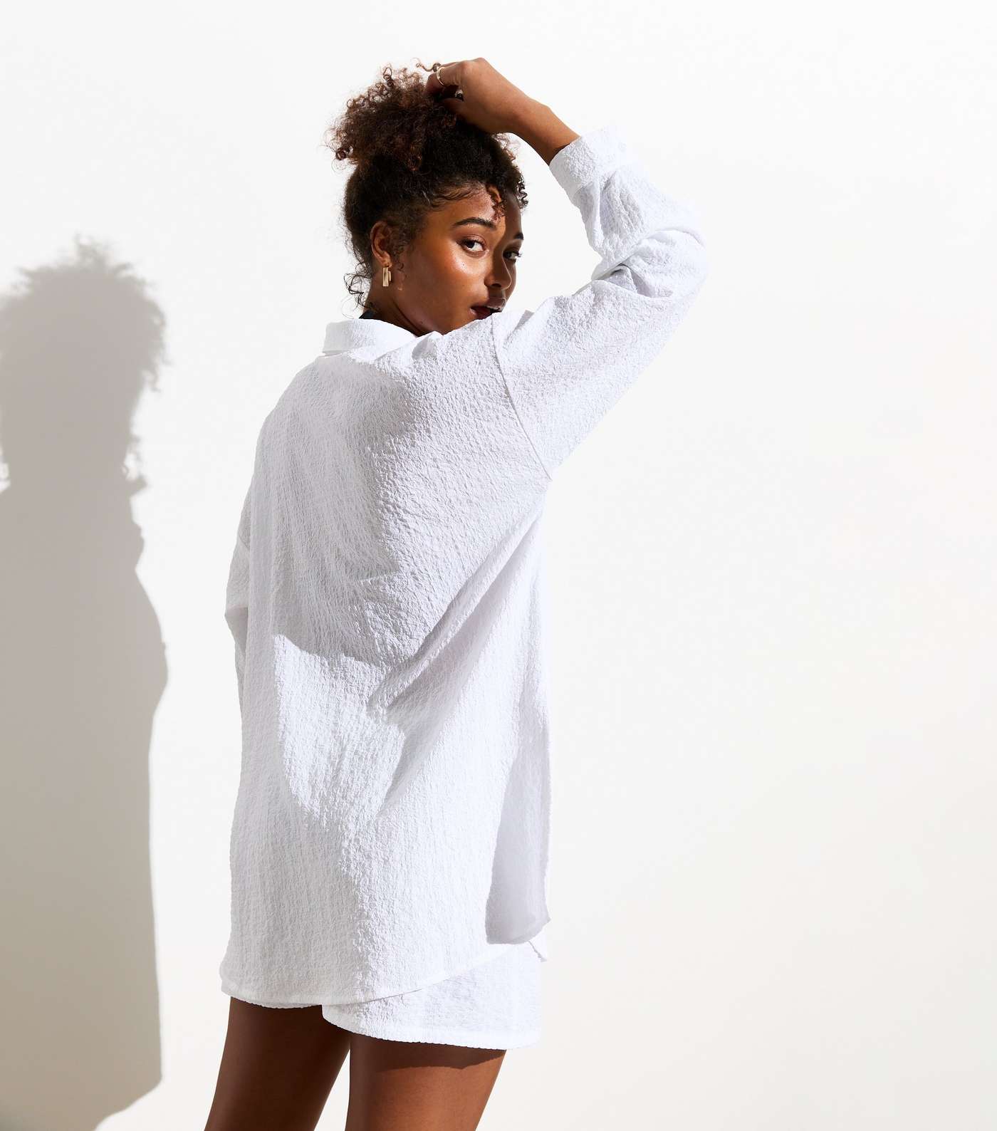 White Textured Long Sleeve Beach Shirt Image 4