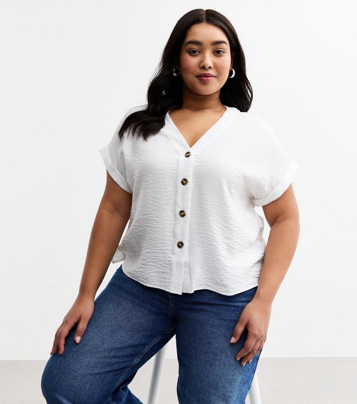 Women's Plus Size White V Neck Button Through Top Curves New Look