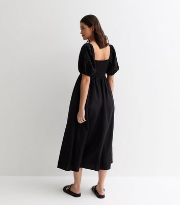 Maternity Black Broderie Sleeve Shirred Midi Dress New Look