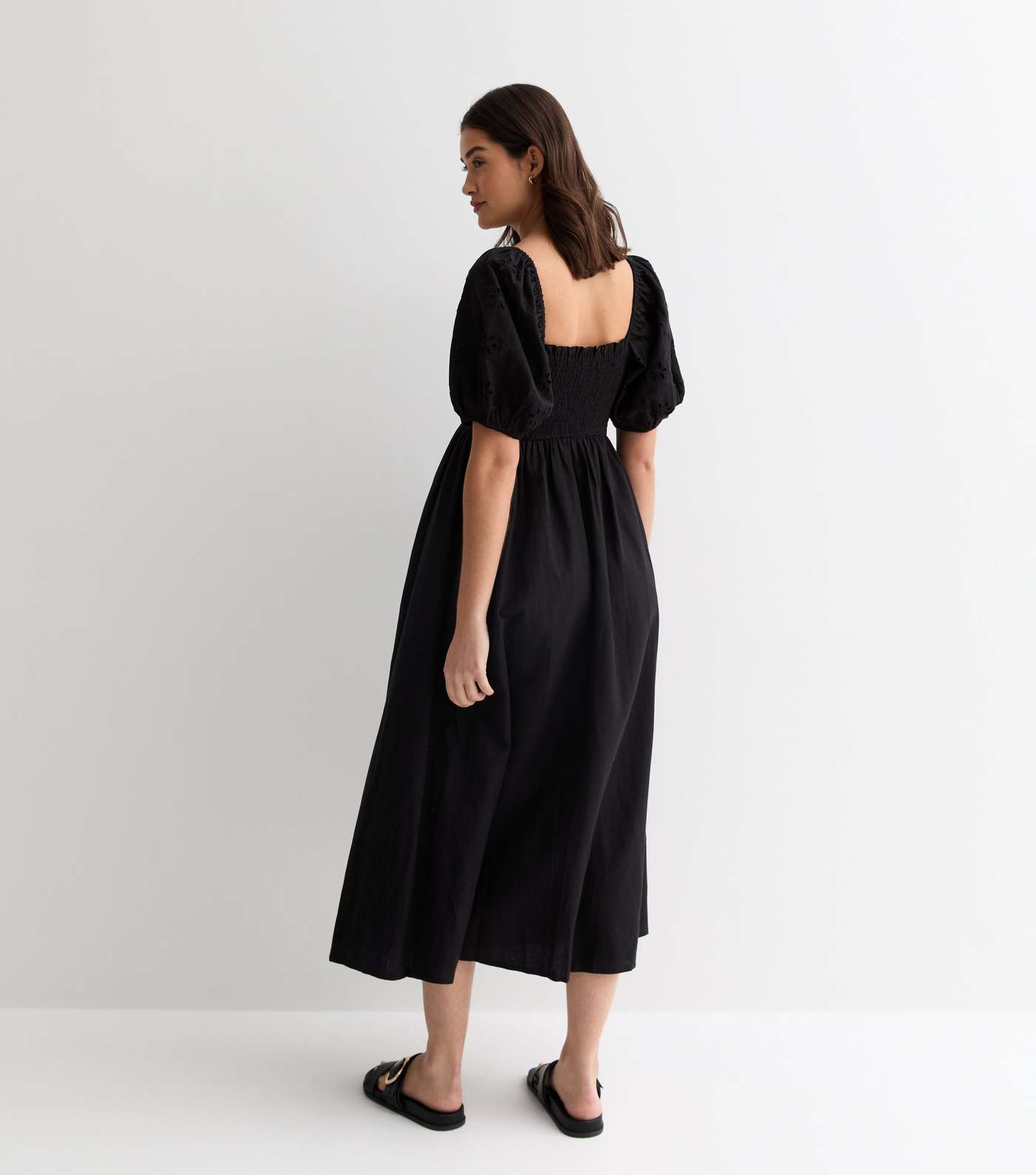 Maternity Black Broderie Sleeve Shirred Midi Dress Image 4