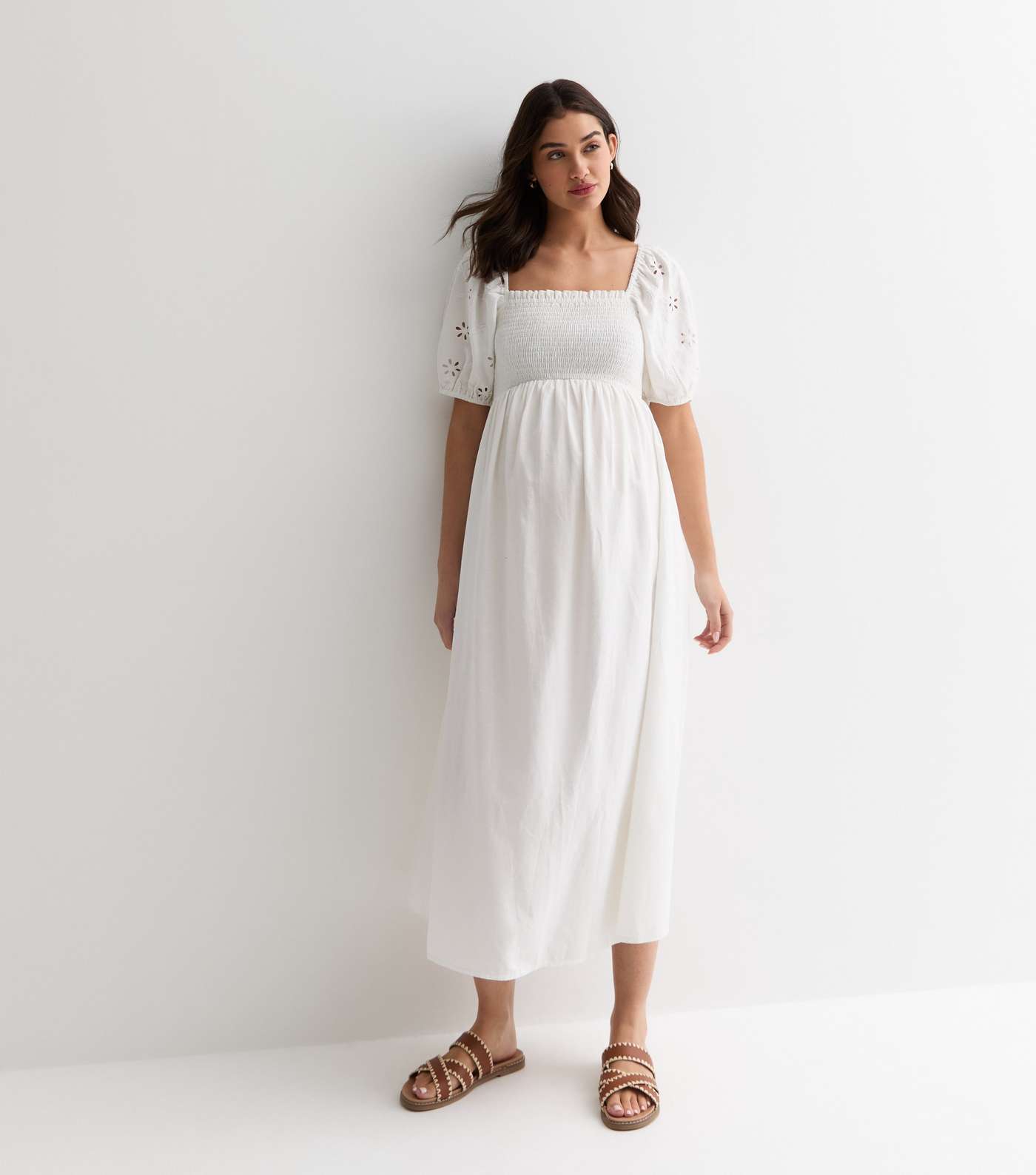 Maternity White Broderie Sleeve Shirred Midi Dress Image 2