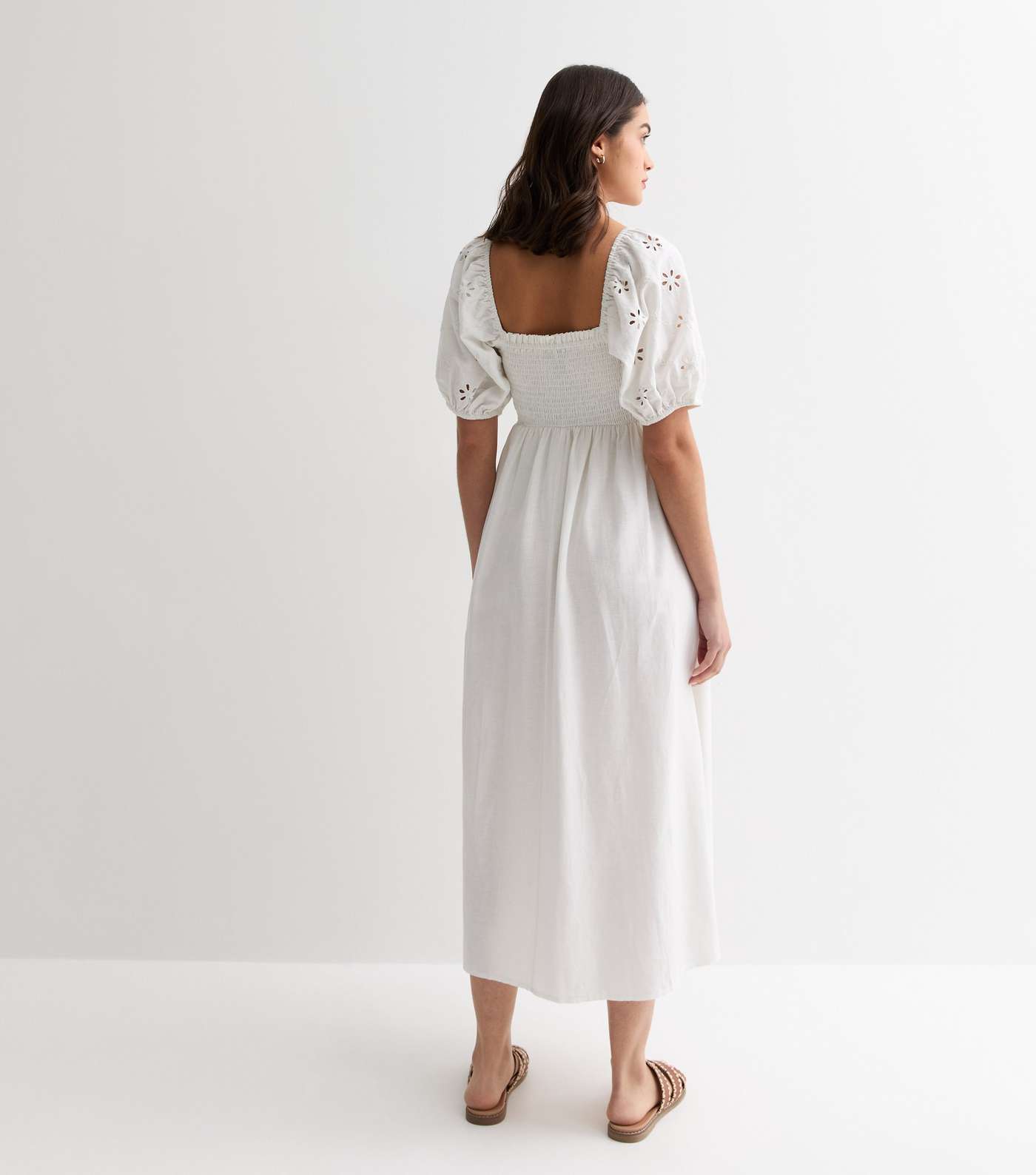 Maternity White Broderie Sleeve Shirred Midi Dress Image 4