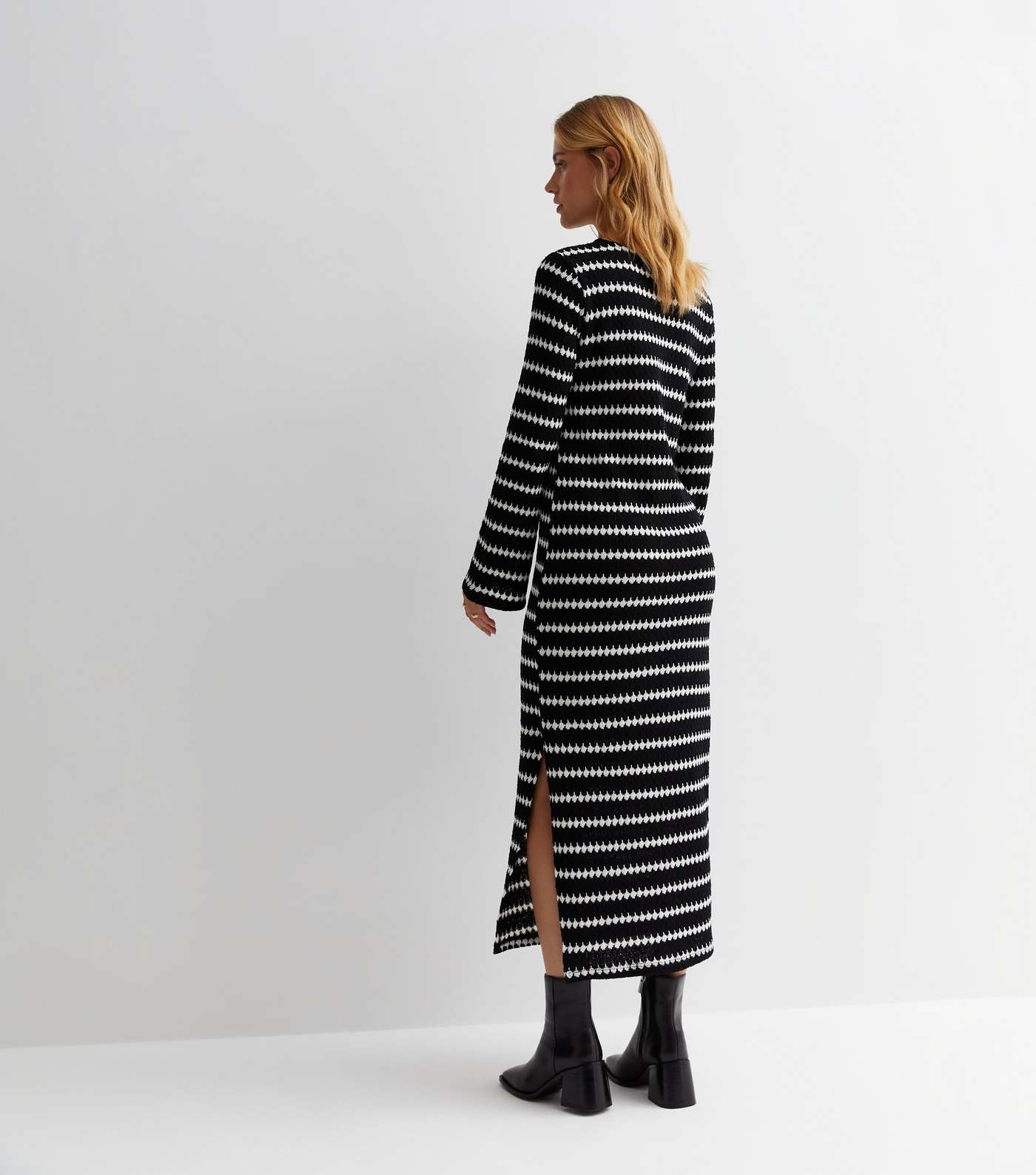 Black Stripe Knit Split Hem Midi Dress Image 4