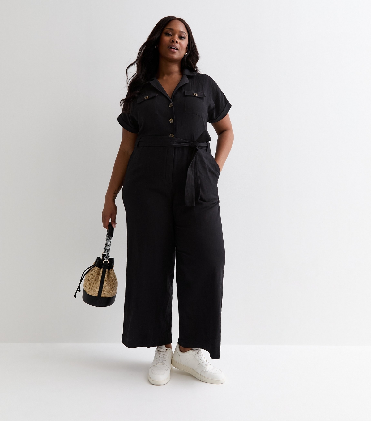 Women's Plus Size Black Cotton Belted Utility Jumpsuit Curves New Look