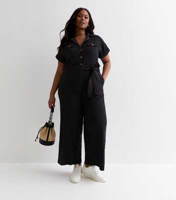 Curves Black Cotton Belted Utility Jumpsuit