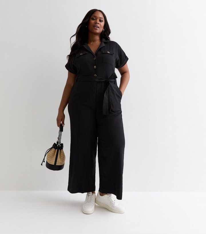Curves Black Cotton Belted Utility Jumpsuit