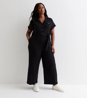 Curves Black Cotton Belted Utility Jumpsuit New Look