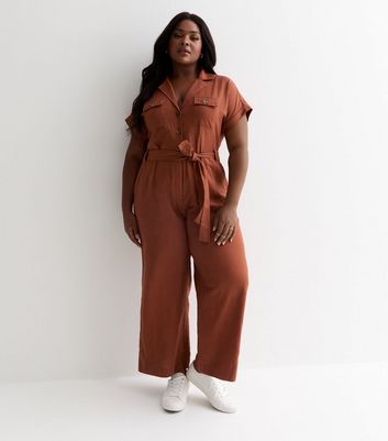 Curves Rust Cotton Belted Utility Jumpsuit New Look