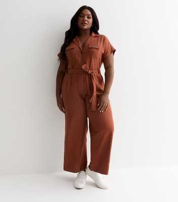 Curves Rust Cotton Belted Utility Jumpsuit