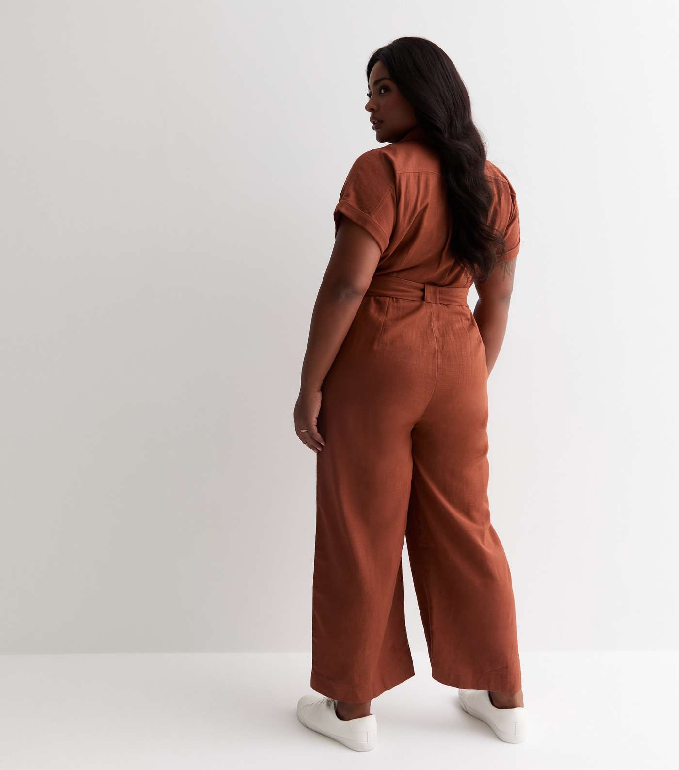 Curves Rust Cotton Belted Utility Jumpsuit Image 4