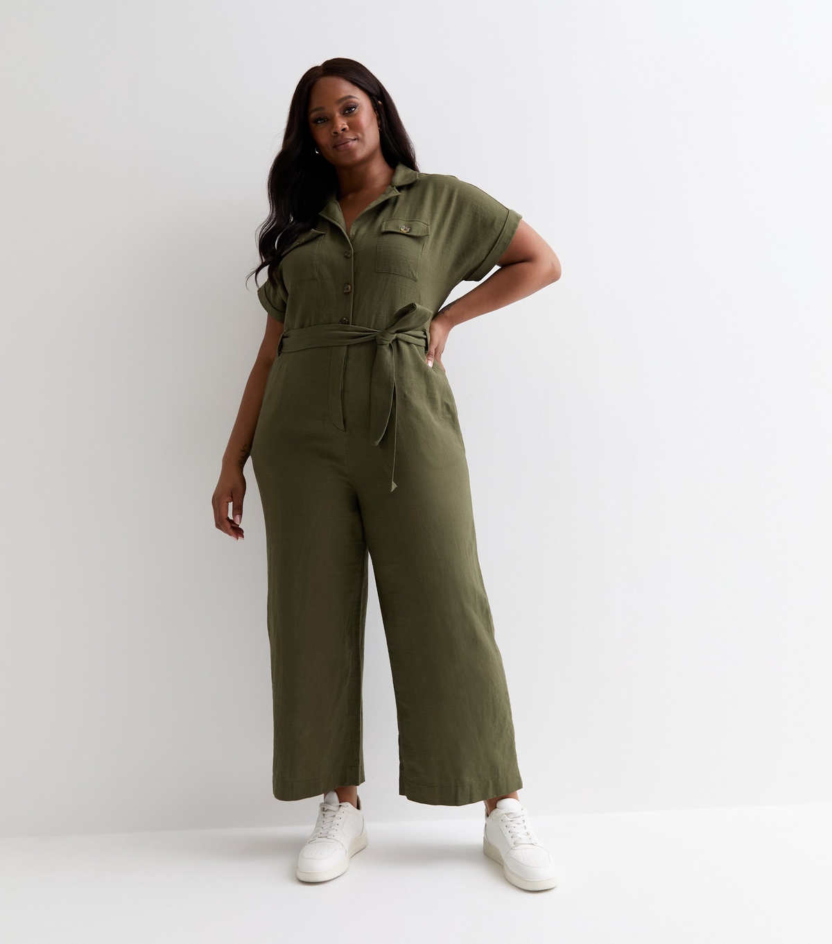 Women's Plus Size Khaki Cotton Belted Utility Jumpsuit Curves New Look