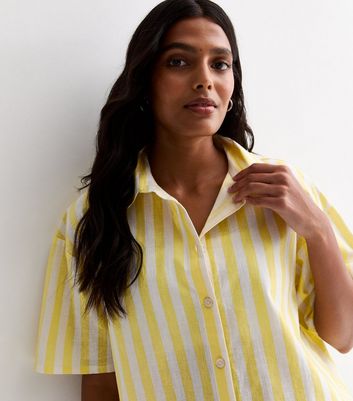 Orange Yellow Stripe Linen Blend Short Sleeve Shirt New Look