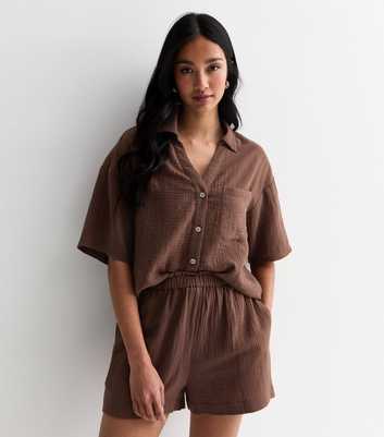 Brown Double Cloth Cotton Short Sleeve Shirt