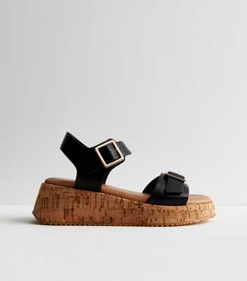 Black Leather-Look Cork Flatform Sandals