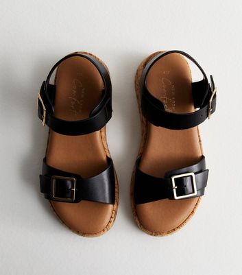 Black Leather-Look Cork Flatform Sandals New Look