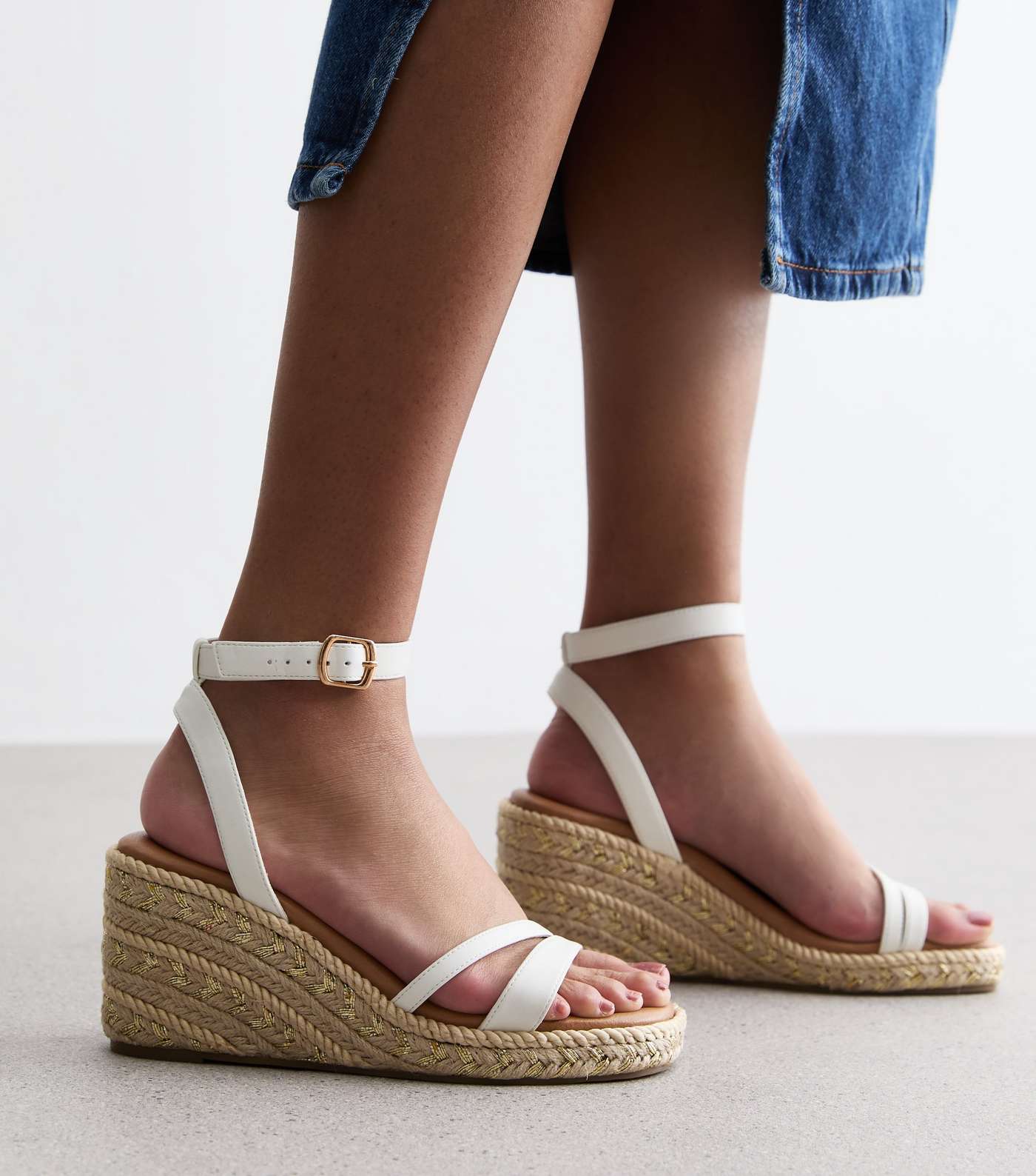 White Leather-Look Strappy Espadrille Wedge Heel Sandals Image 2