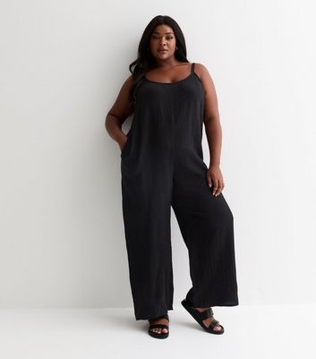 Curves Black Crinkle Cotton Strappy Jumpsuit New Look