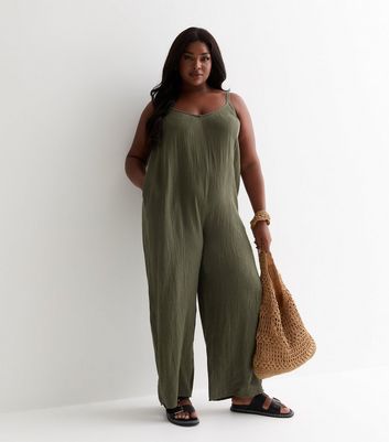 Curves Khaki Crinkle Cotton Strappy Jumpsuit New Look