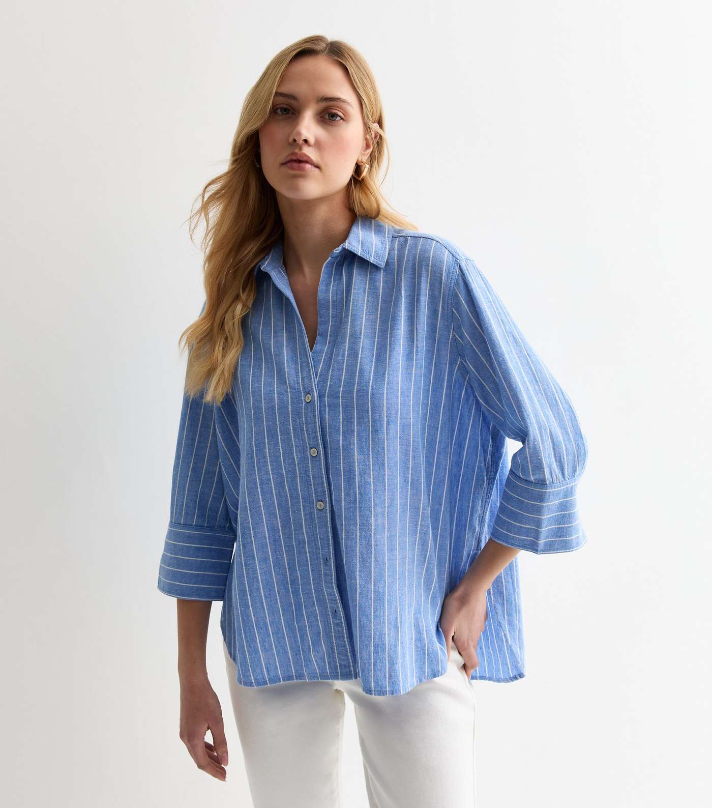 Blue Linen Blend Stripe Shirt Image 2