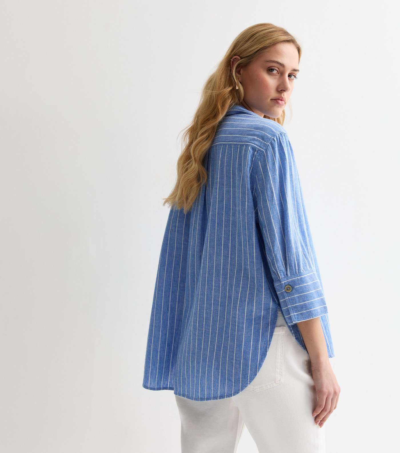 Blue Linen Blend Stripe Shirt Image 4