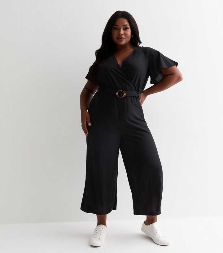 Curves Black Belted Wrap Wide Leg Jumpsuit