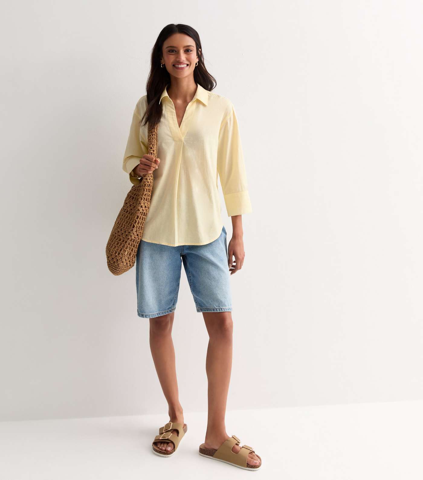 Pale Yellow 3/4 Sleeve Cotton-Linen Blend Shirt Image 3