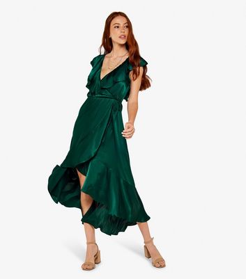 Apricot Dark Green Satin Ruffle Wrap Midi Dress New Look