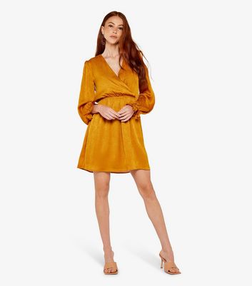 Apricot Mustard Floral Jacquard Satin Wrap Mini Dress New Look
