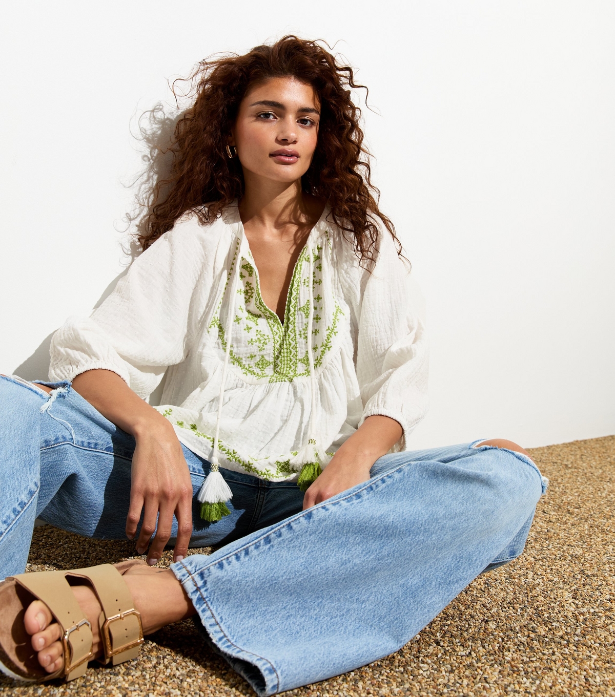 Women's Cream Embroidered Tassel Tie Top New Look
