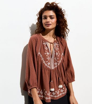 Rust Embroidered Tassel Tie Top | New Look