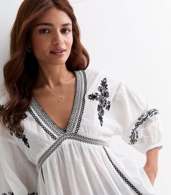 White Cotton Embroidered Floral Puff Sleeve Top