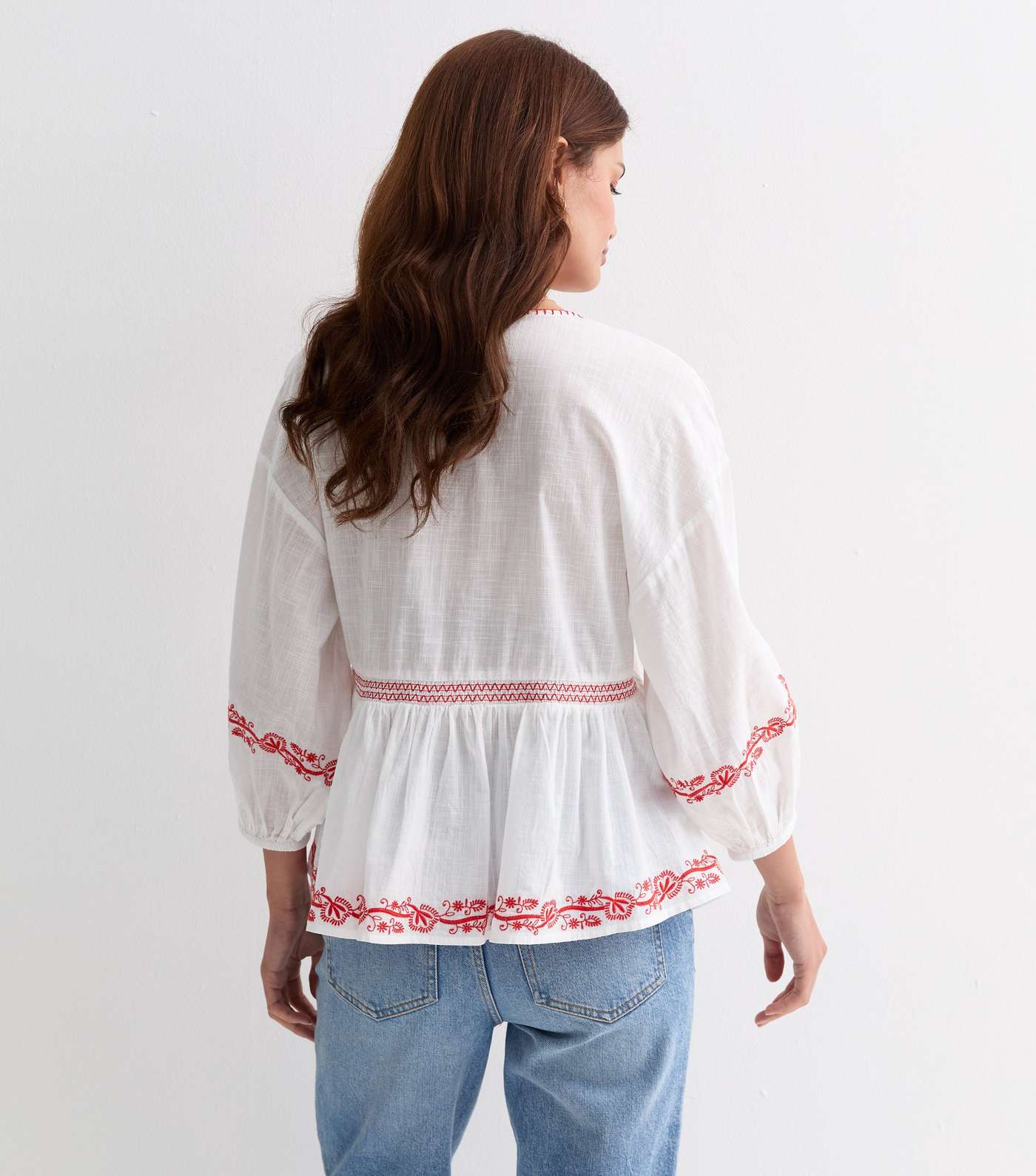 Red Cotton Embroidered Floral Puff Sleeve Top Image 4