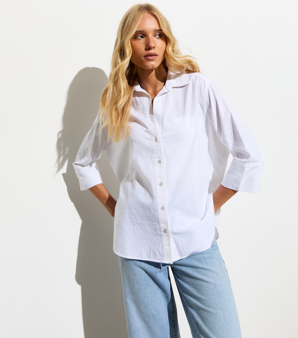 Women's White Linen-Look 3/4 Sleeve Shirt New Look