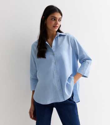 Blue Linen-Look 3/4 Sleeve Shirt