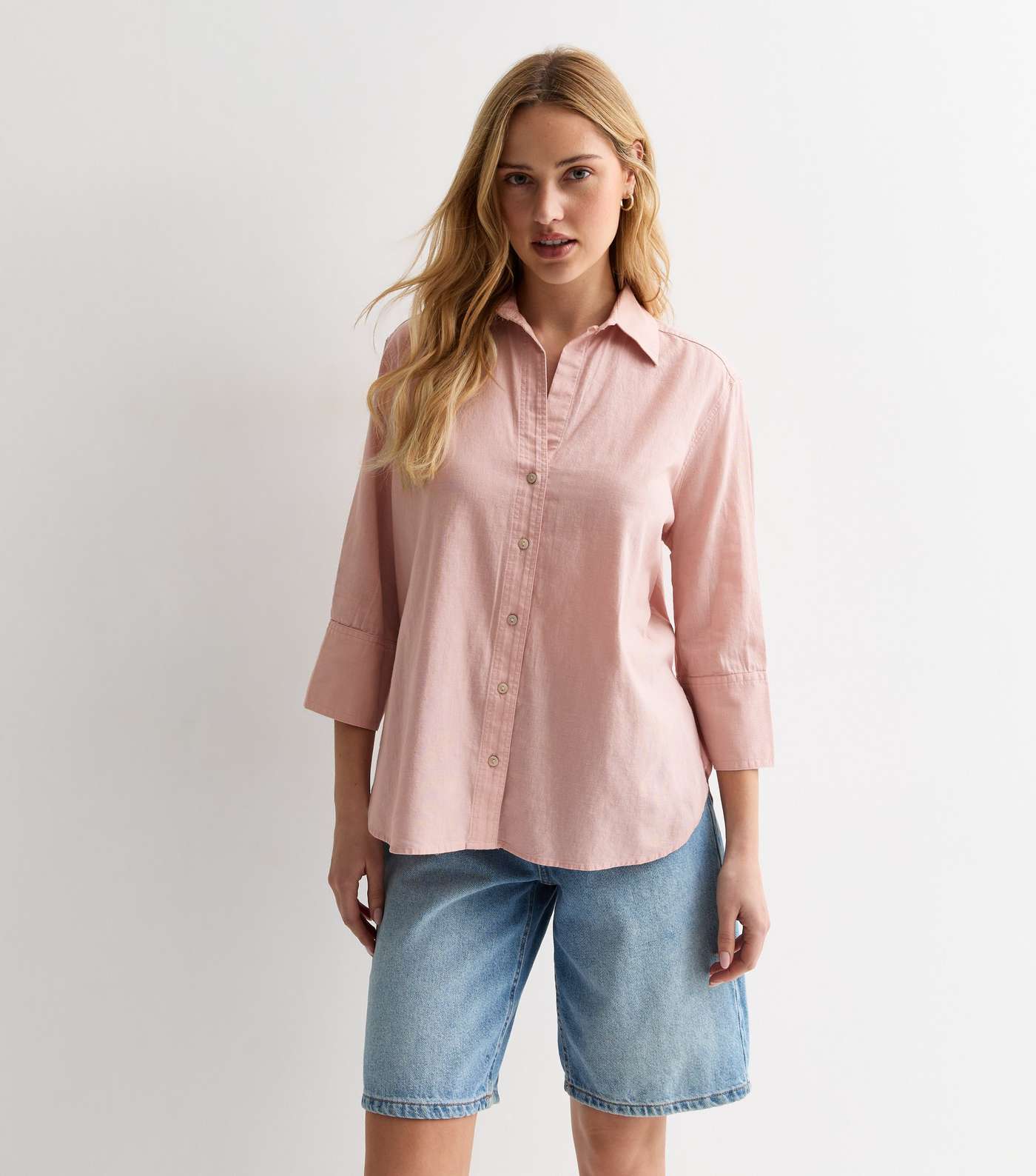Pale Pink Linen-Look 3/4 Sleeve Shirt Image 2