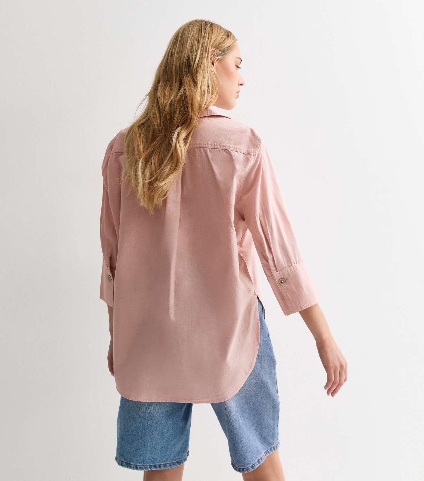 Pale Pink Linen-Look 3/4 Sleeve Shirt Image 4
