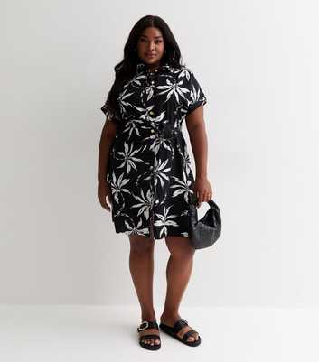 Curves Black Palm Print Belted Mini Shirt Dress