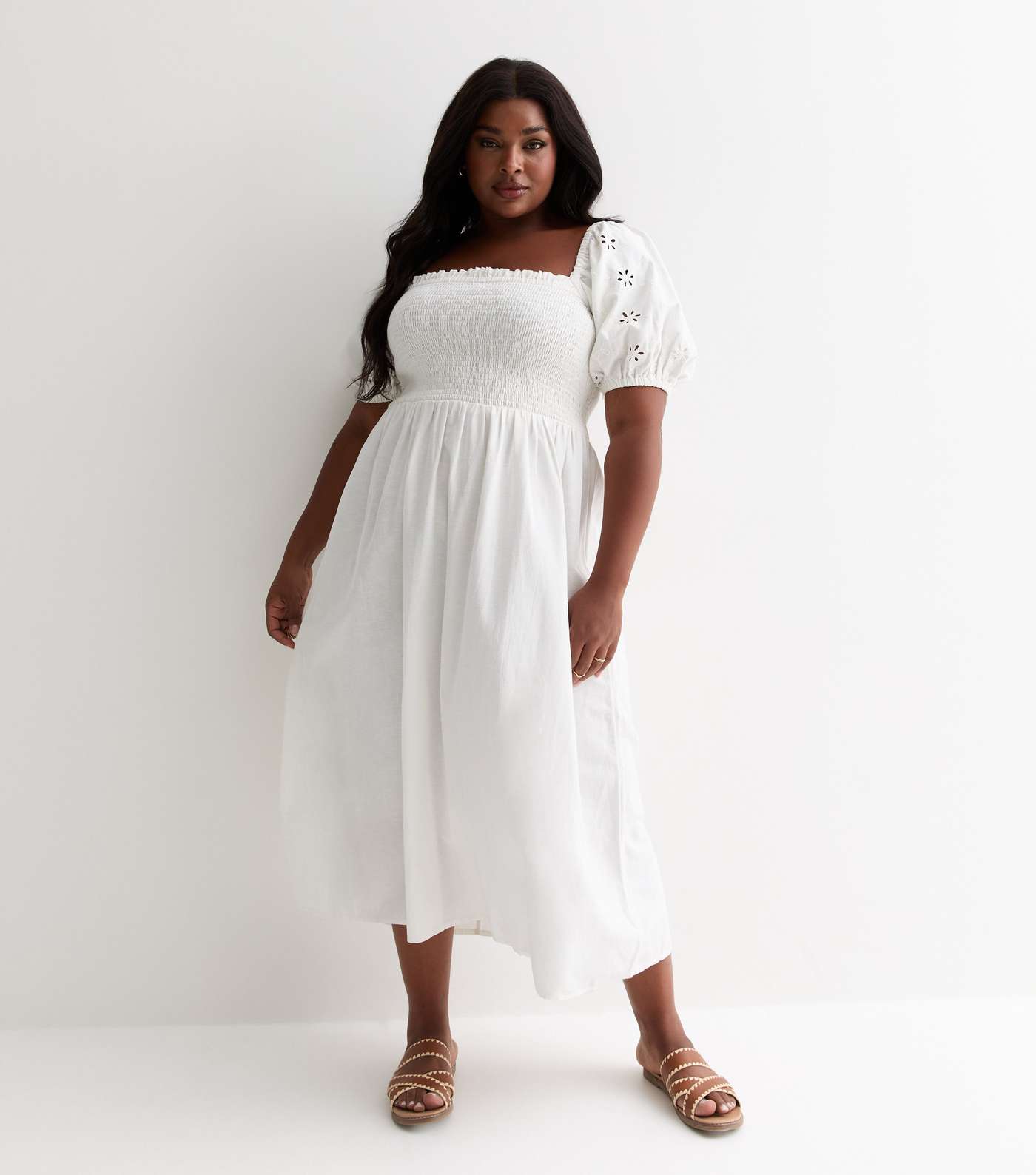 Curves White Square Neck Broderie Puff Sleeve Midi Dress