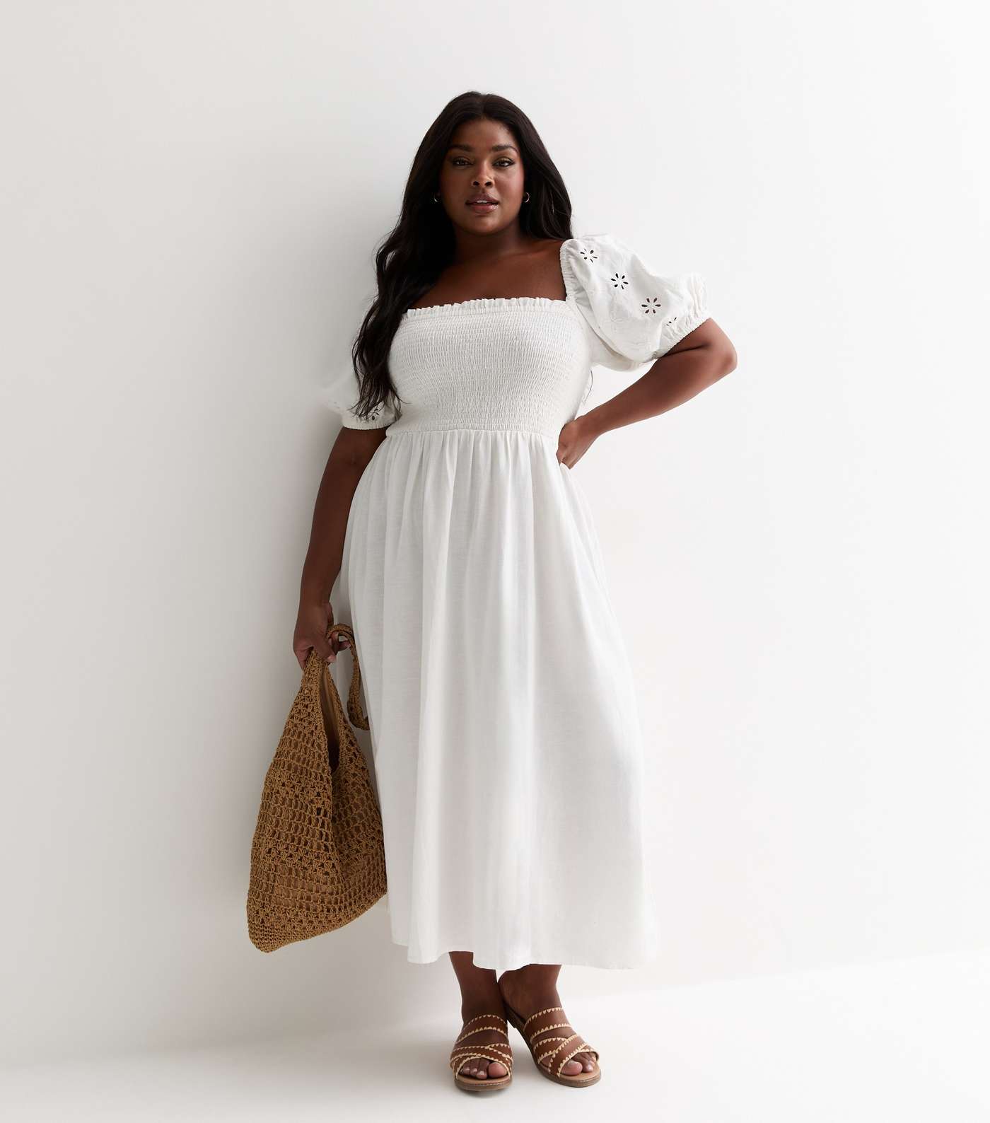 Curves White Square Neck Broderie Puff Sleeve Midi Dress Image 3