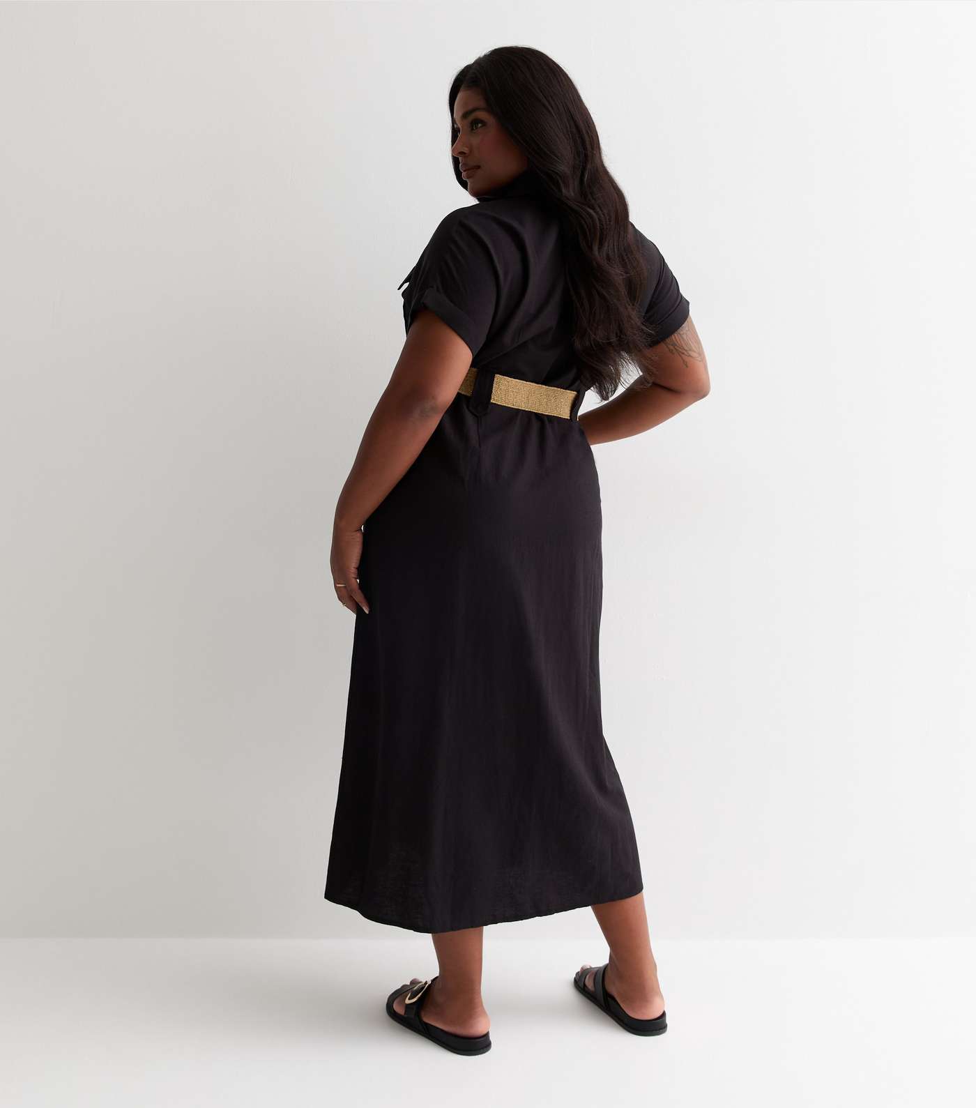 Curves Black Belted Utility Midi Shirt Dress Image 4